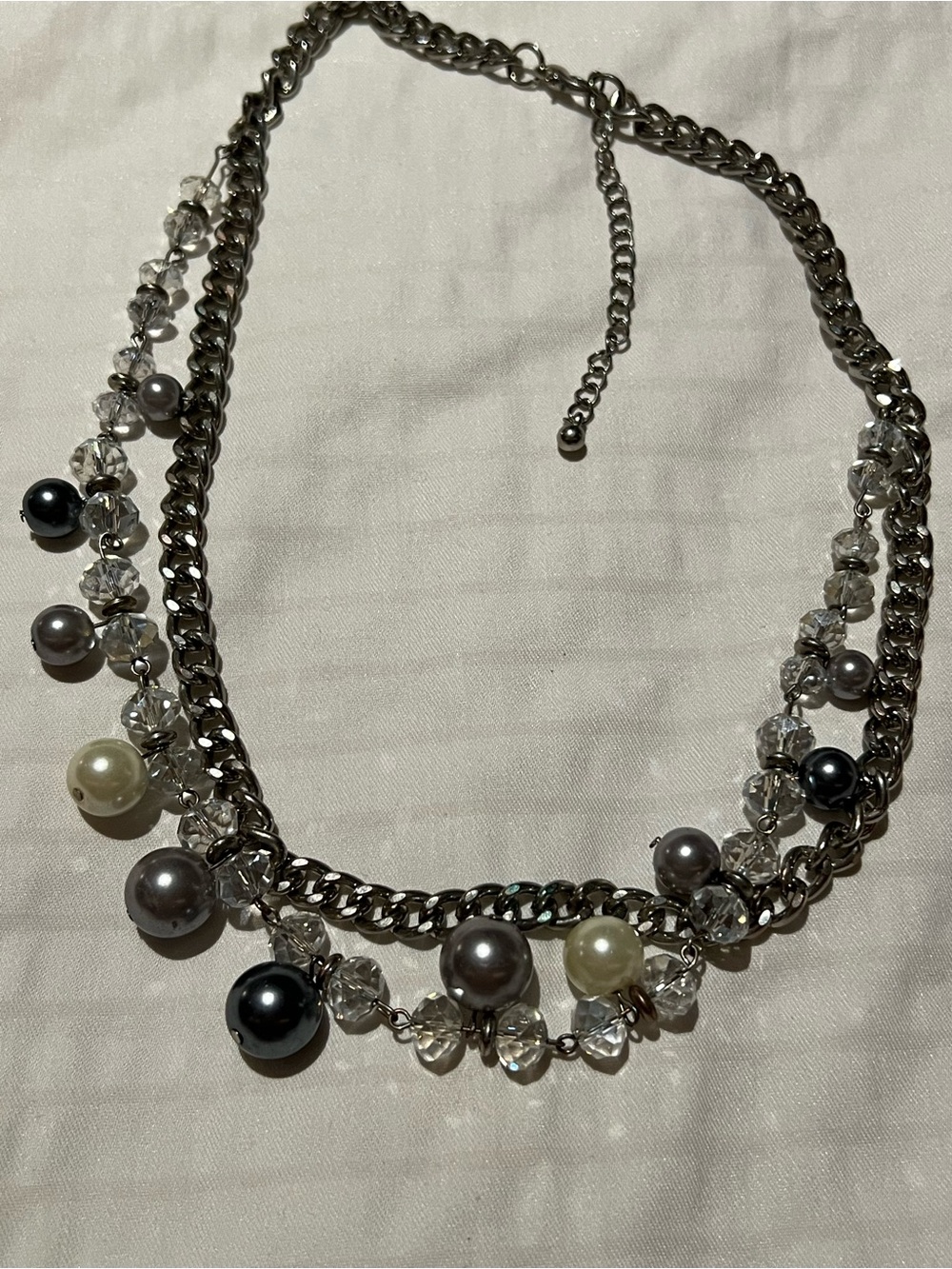 Silver Chain Necklace with Pearls and Crystals - Multi-Color